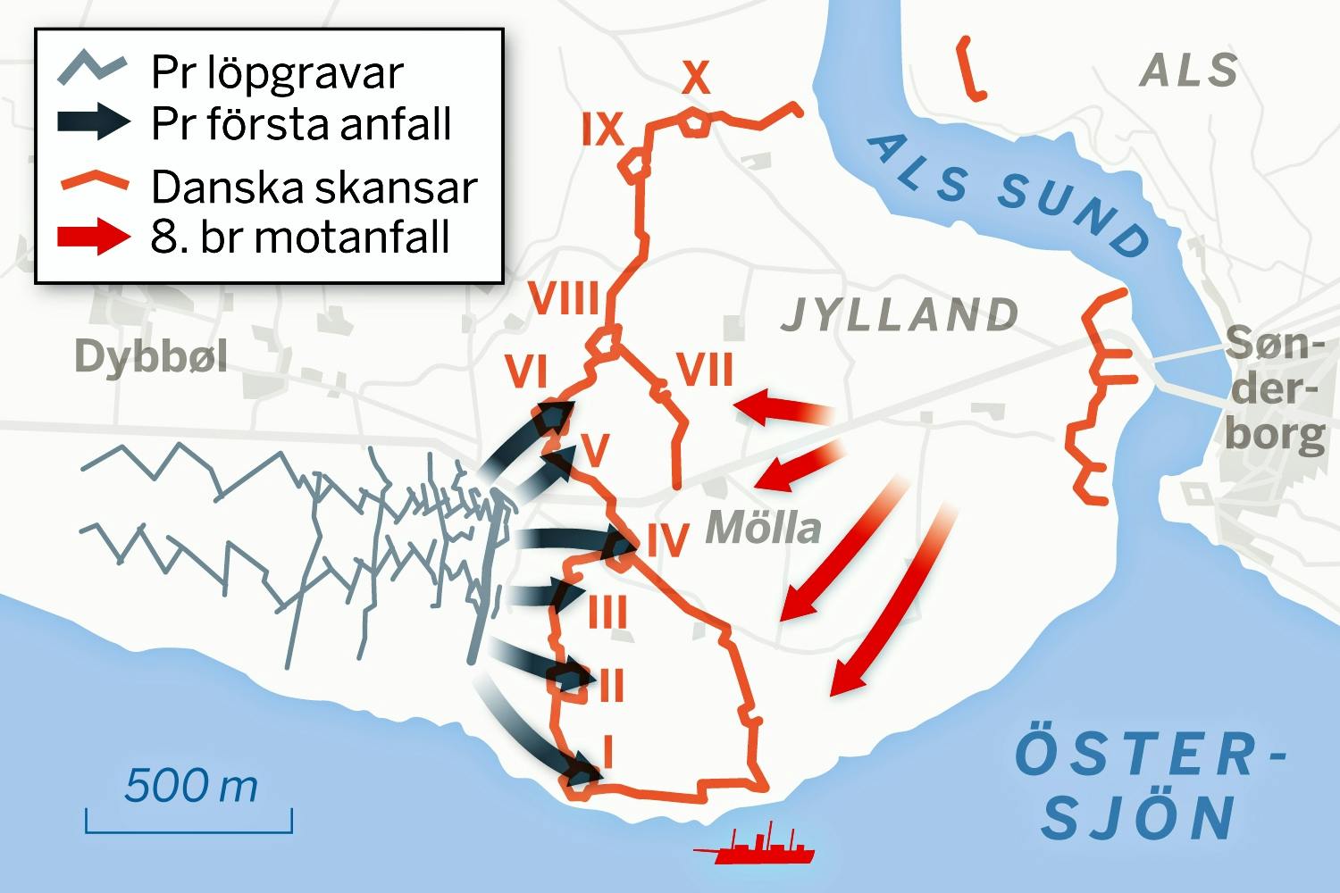 slaget vid dybbol slagkarta Slagkarta över slaget vid Dybbøl i andra schleswigska kriget 1864.